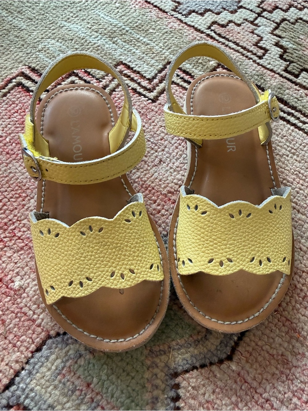 L'Amour Yellow Scalloped Leather Kids Sandals